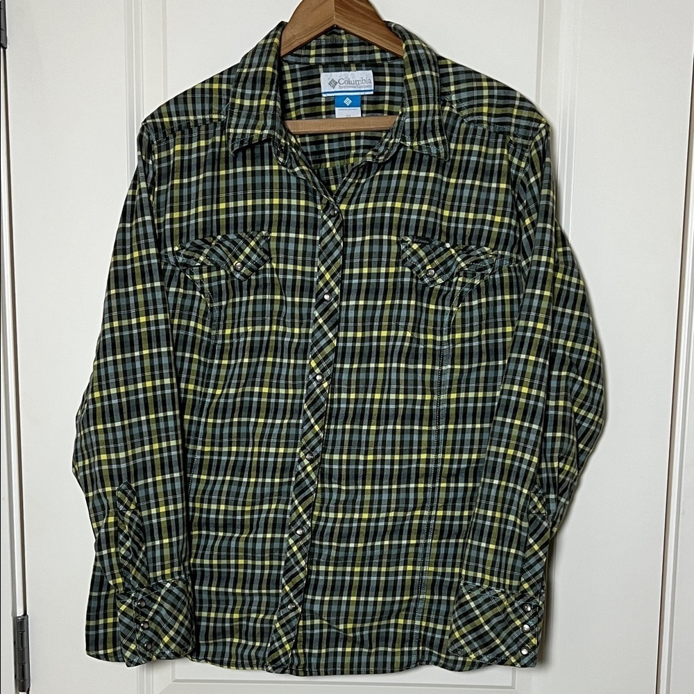 Columbia Women’s Flannel Top 2X Gray Yellow Pearl Snap Long Sleeve Shirt Pocket